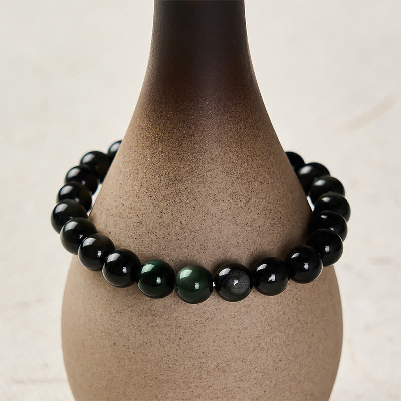Buddha Stones Bracciale con perline rotonde in ossidiana arcobaleno con simbolo Yin Yang e bilancia - image 4
