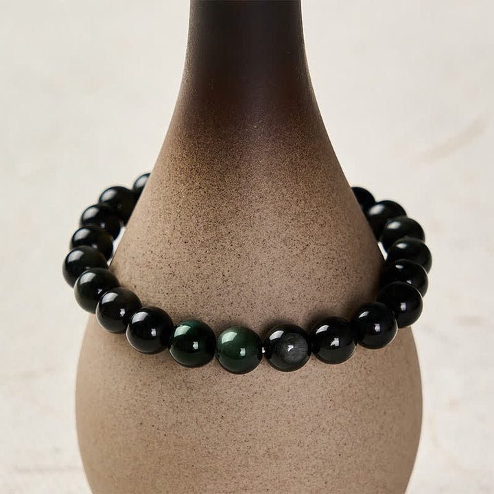 Buddha Stones Bracciale con perline rotonde in ossidiana arcobaleno con simbolo Yin Yang e bilancia - image 4