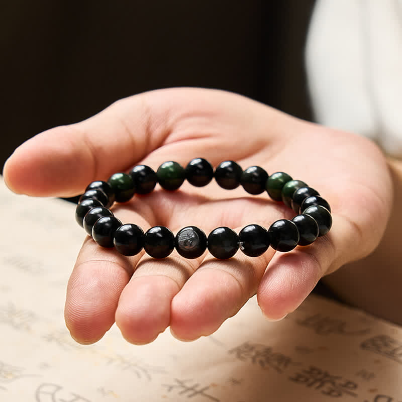 Buddha Stones Bracciale con perline rotonde in ossidiana arcobaleno con simbolo Yin Yang e bilancia - image 9
