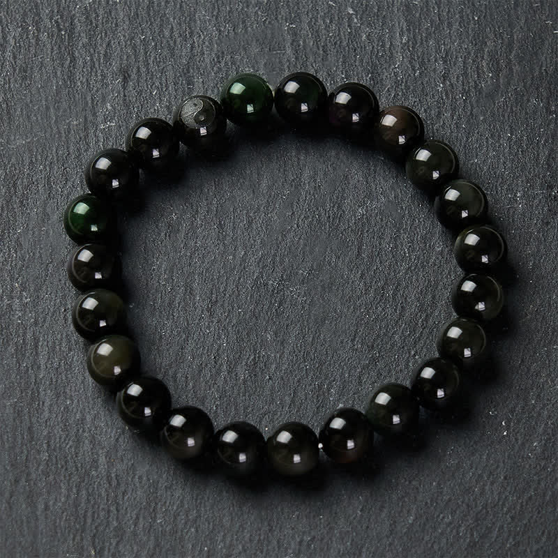 Buddha Stones Bracciale con perline rotonde in ossidiana arcobaleno con simbolo Yin Yang e bilancia - image 3