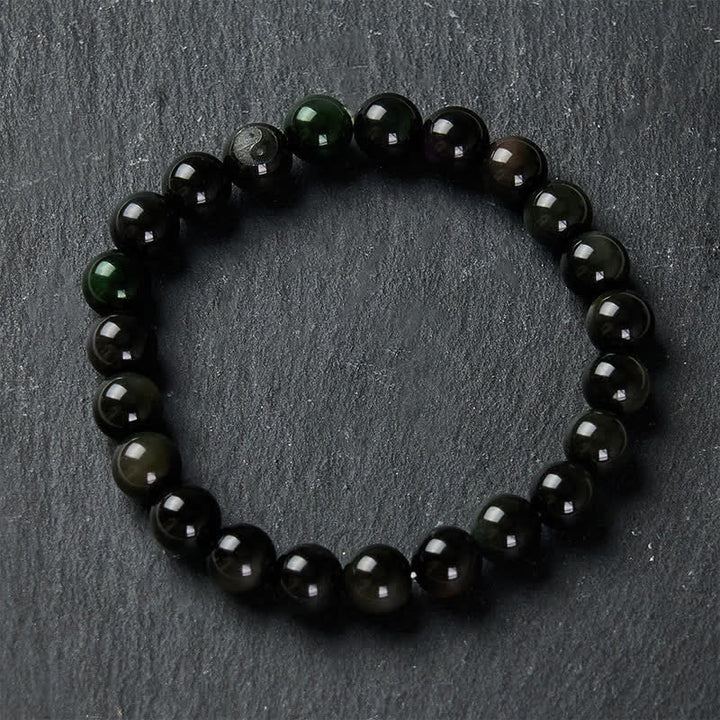 Buddha Stones Bracciale con perline rotonde in ossidiana arcobaleno con simbolo Yin Yang e bilancia - image 3