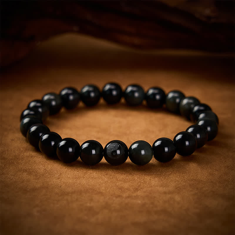 Buddha Stones Bracciale con perline rotonde in ossidiana arcobaleno con simbolo Yin Yang e bilancia - Ossidiana arcobaleno (cambia colore a seconda della luce) - 8 mm - image 0