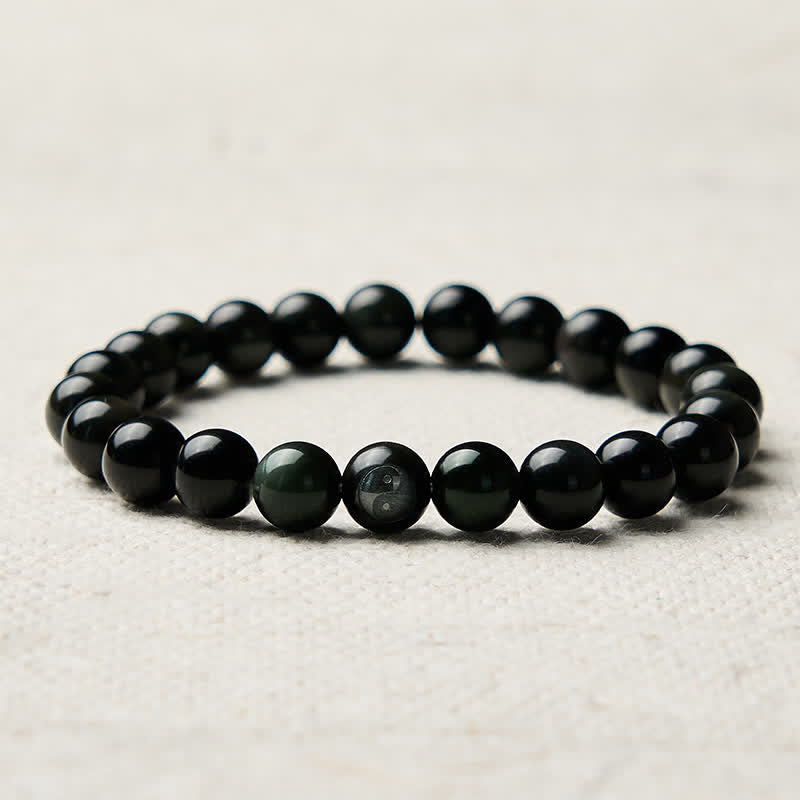 Buddha Stones Bracciale con perline rotonde in ossidiana arcobaleno con simbolo Yin Yang e bilancia - image 8