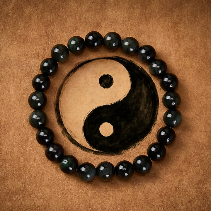 Buddha Stones Bracciale con perline rotonde in ossidiana arcobaleno con simbolo Yin Yang e bilancia - image 1
