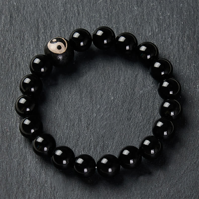 Buddha Stones Bracciale protettivo con perline Yin Yang in ossidiana nera tibetana e onice nera, con simbolo Yin Yang. - image 3