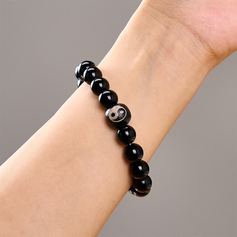 Buddha Stones Bracciale protettivo con perline Yin Yang in ossidiana nera tibetana e onice nera, con simbolo Yin Yang. - image 10