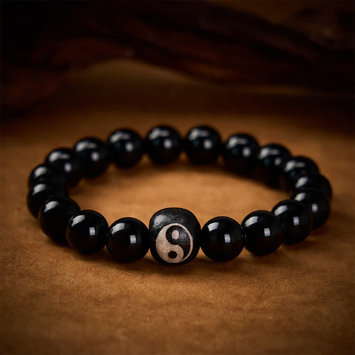 Buddha Stones Bracciale protettivo con perline Yin Yang in ossidiana nera tibetana e onice nera, con simbolo Yin Yang. - image 2