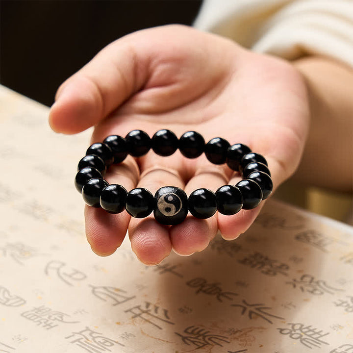 Buddha Stones Bracciale protettivo con perline Yin Yang in ossidiana nera tibetana e onice nera, con simbolo Yin Yang. - image 9