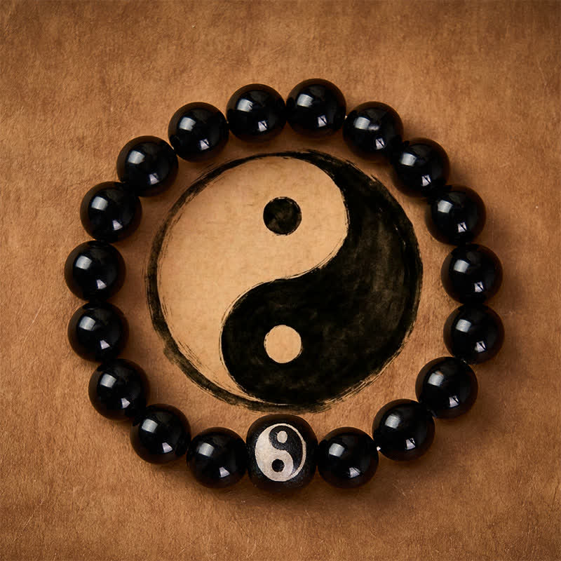 Buddha Stones Bracciale protettivo con perline Yin Yang in ossidiana nera tibetana e onice nera, con simbolo Yin Yang. - Ossidiana Nera (Purificazione ♥ Forza) - image 0