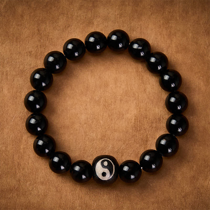 Buddha Stones Bracciale protettivo con perline Yin Yang in ossidiana nera tibetana e onice nera, con simbolo Yin Yang. - image 1