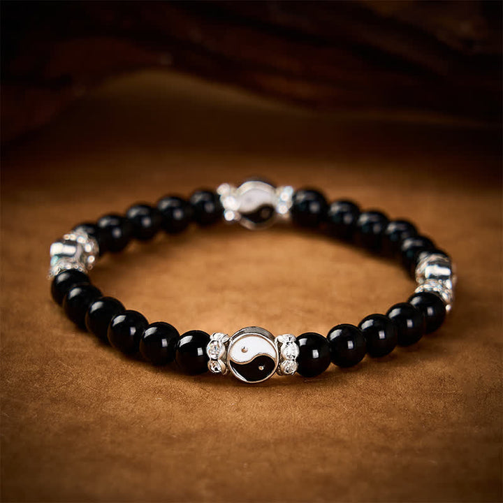 Buddha Stones Bracciale con ciondolo rotondo in ossidiana nera con simbolo Yin Yang e bilancia. - image 2