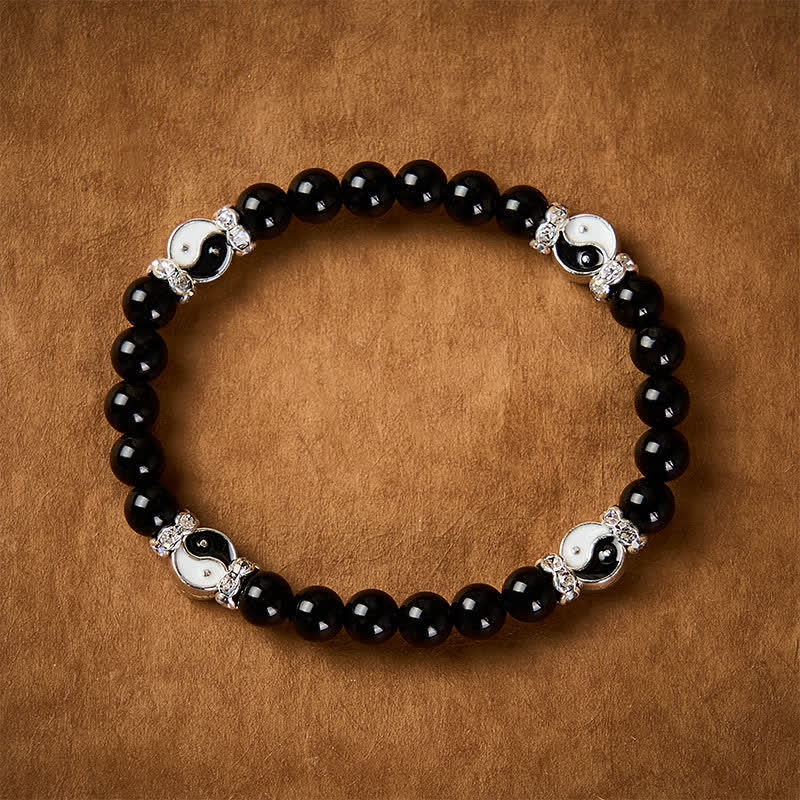 Buddha Stones Bracciale con ciondolo rotondo in ossidiana nera con simbolo Yin Yang e bilancia. - image 1