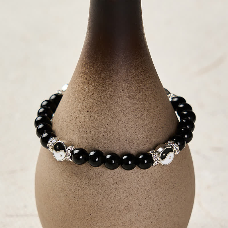 Buddha Stones Bracciale con ciondolo rotondo in ossidiana nera con simbolo Yin Yang e bilancia. - image 3