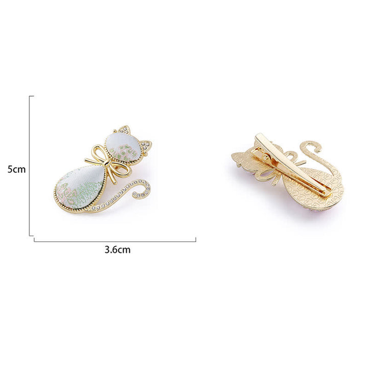 Buddha Stones Fermaglio per capelli in stile cinese con gatto in broccato dorato e strass, placcato Song. - image 7
