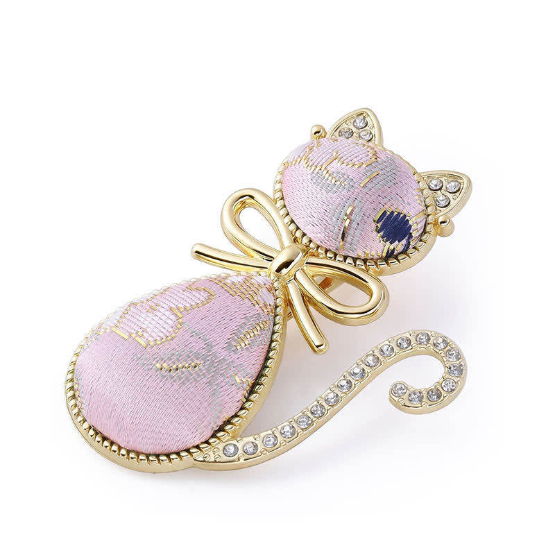 Buddha Stones Fermaglio per capelli in stile cinese con gatto in broccato dorato e strass, placcato Song. - Rosa (stessa tonalità di colore – la fantasia può variare) - image 4