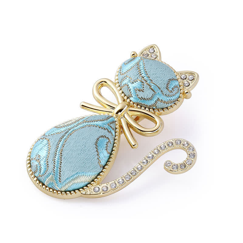 Buddha Stones Fermaglio per capelli in stile cinese con gatto in broccato dorato e strass, placcato Song. - Blu (stessa tonalità di colore – la fantasia può variare) - image 5