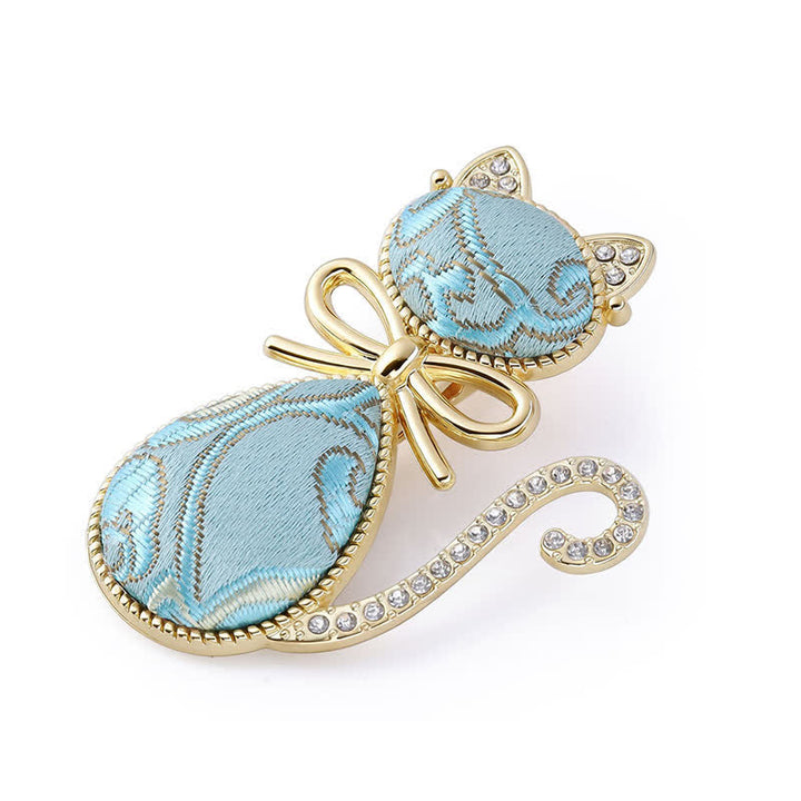 Buddha Stones Fermaglio per capelli in stile cinese con gatto in broccato dorato e strass, placcato Song. - Blu (stessa tonalità di colore – la fantasia può variare) - image 5