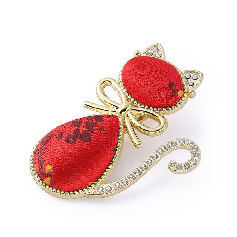 Buddha Stones Fermaglio per capelli in stile cinese con gatto in broccato dorato e strass, placcato Song. - Rosso (stessa tonalità di colore – la fantasia può variare) - image 3