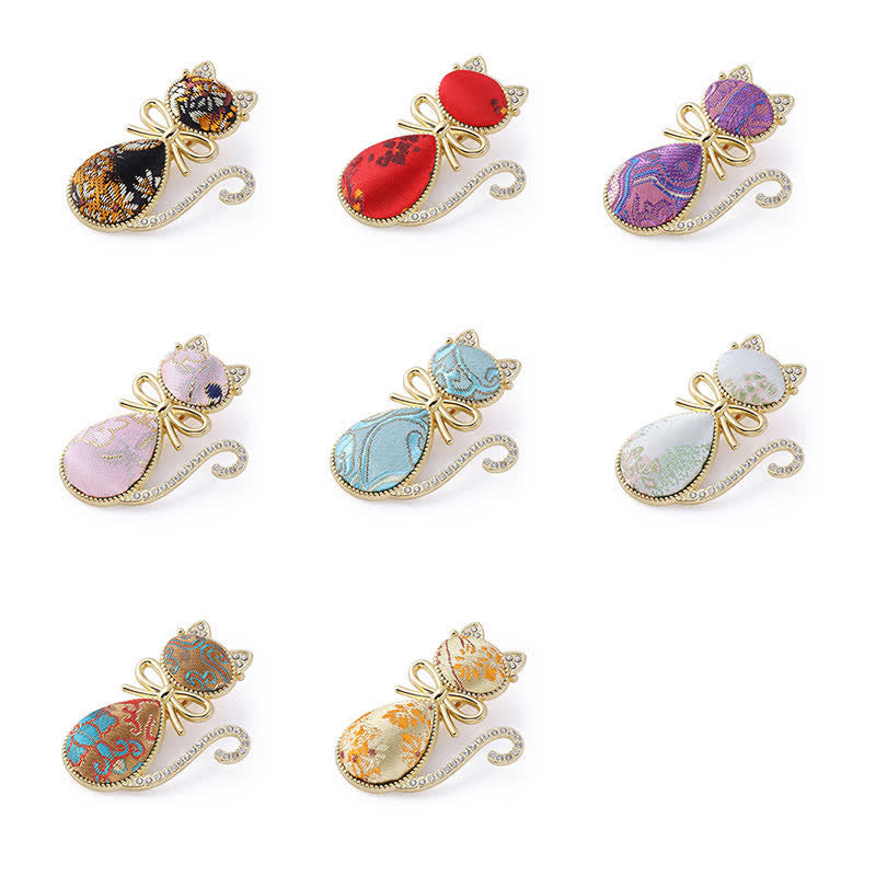 Buddha Stones Fermaglio per capelli in stile cinese con gatto in broccato dorato e strass, placcato Song. - image 1