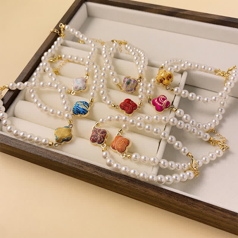 Buddha Stones Braccialetto cinese Pearl Song Brocade Clover Purity - image 13