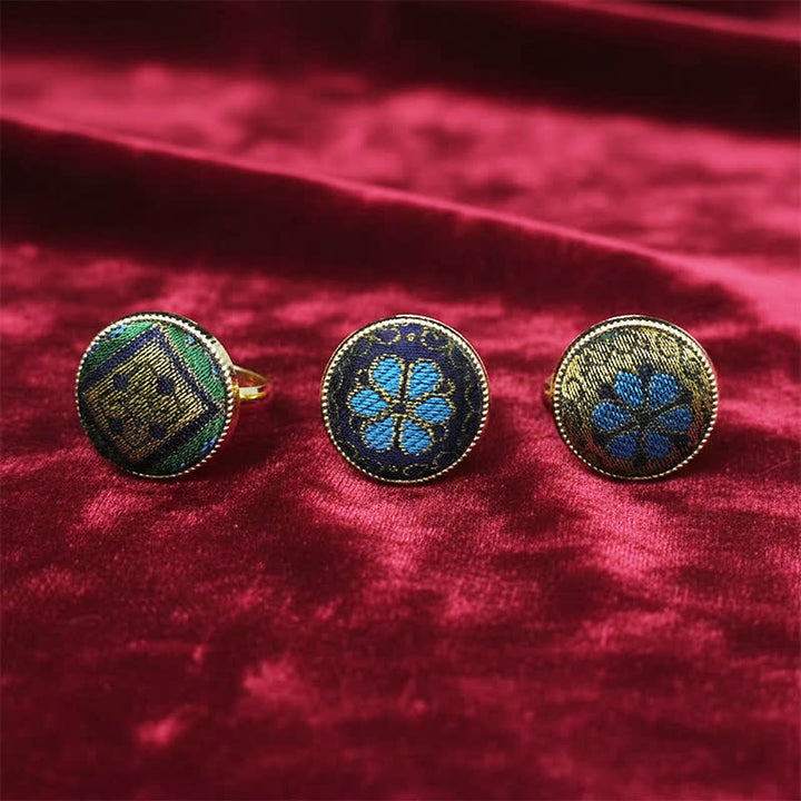 Buddha Stones Anello rotondo regolabile con motivo floreale in broccato Song, realizzato a mano. - image 8
