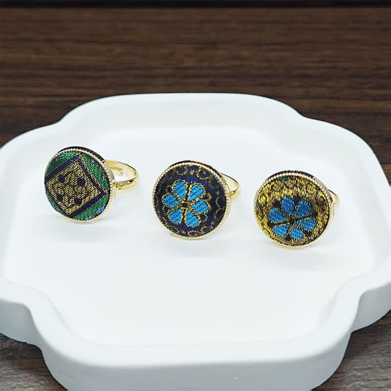 Buddha Stones Anello rotondo regolabile con motivo floreale in broccato Song, realizzato a mano. - image 12