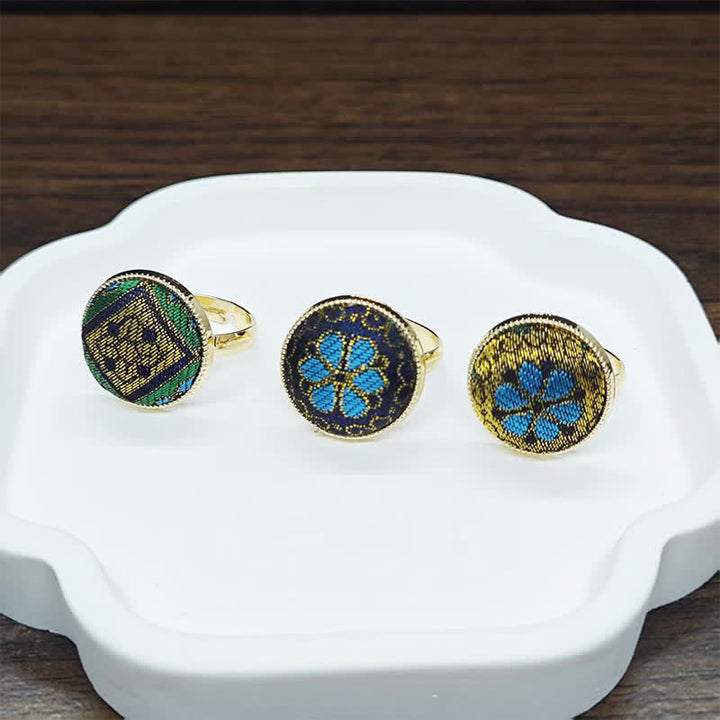 Buddha Stones Anello rotondo regolabile con motivo floreale in broccato Song, realizzato a mano. - image 12