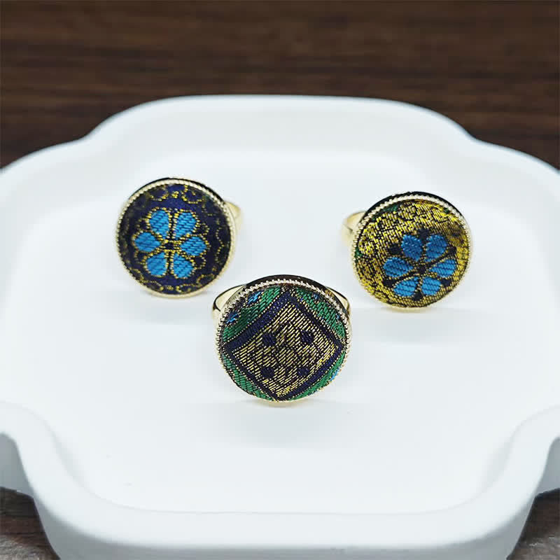 Buddha Stones Anello rotondo regolabile con motivo floreale in broccato Song, realizzato a mano. - image 11
