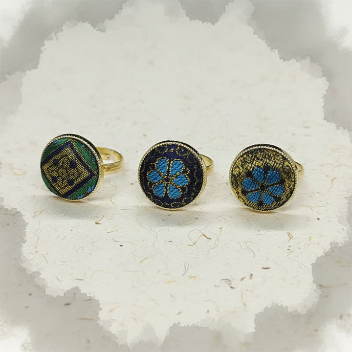 Buddha Stones Anello rotondo regolabile con motivo floreale in broccato Song, realizzato a mano. - image 10