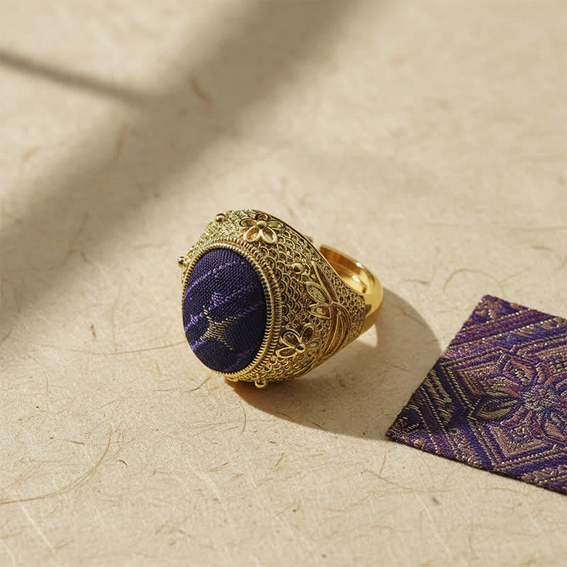 Buddha Stones Anello regolabile ovale in stile cinese Song Brocade Prosperity color uovo di piccione. - Broccato Song (stessa tonalità di colore, motivo variabile) - image 0
