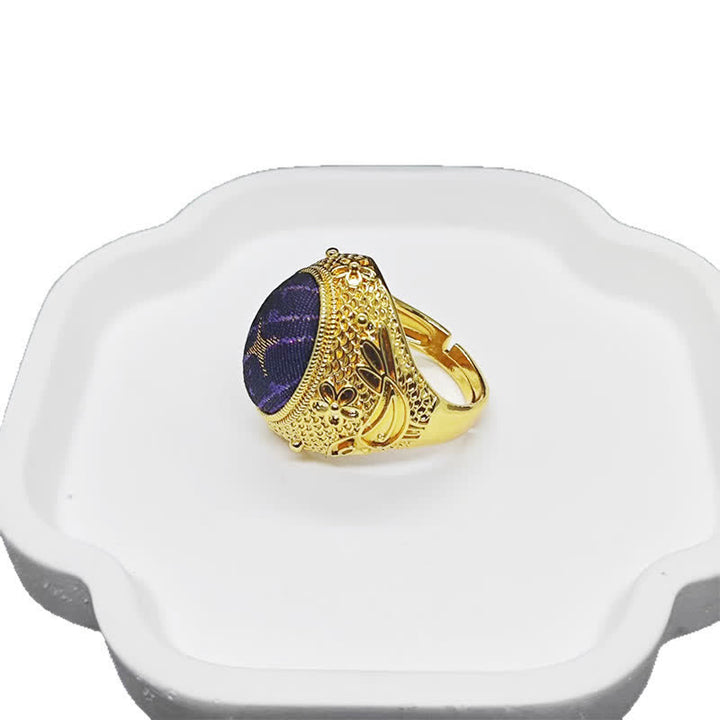 Buddha Stones Anello regolabile ovale in stile cinese Song Brocade Prosperity color uovo di piccione. - image 4