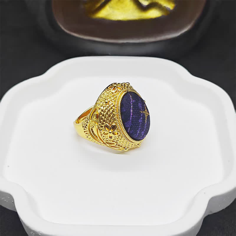 Buddha Stones Anello regolabile ovale in stile cinese Song Brocade Prosperity color uovo di piccione. - image 3