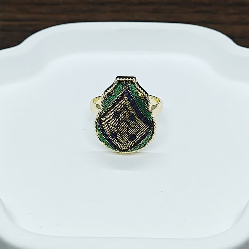 Buddha Stones Anello regolabile in stile vintage cinese con broccato a forma di zucca e scritta "Song Brocade Gourd Shaped Blessing". - Oro verde (stessa tonalità di colore, motivo variabile) - Regolabile (aperto) - image 8