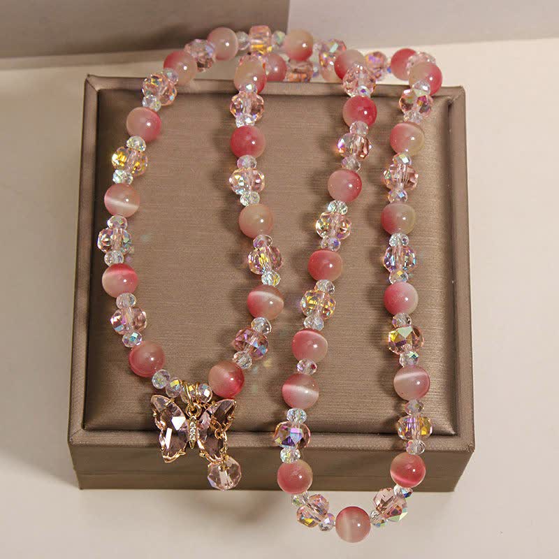 Buddha Stones Bracciale a triplo giro sfaccettato con farfalla occhio di gatto color pesca e motivo "Amore". - image 9