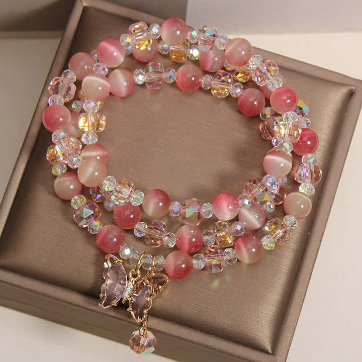 Buddha Stones Bracciale a triplo giro sfaccettato con farfalla occhio di gatto color pesca e motivo "Amore". - image 4