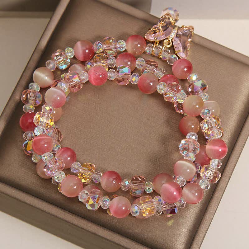 Buddha Stones Bracciale a triplo giro sfaccettato con farfalla occhio di gatto color pesca e motivo "Amore". - image 8