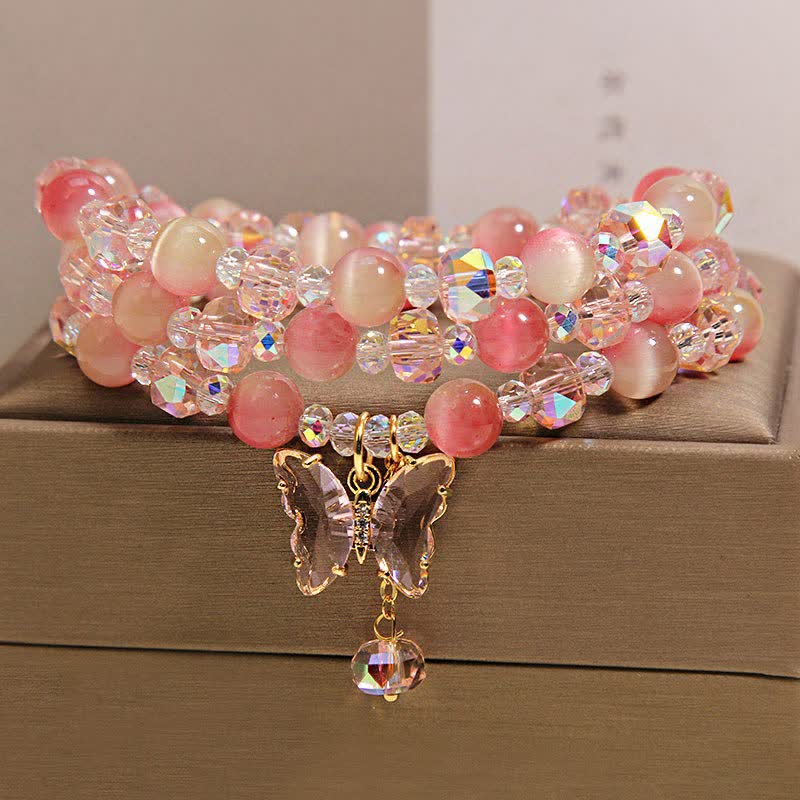 Buddha Stones Bracciale a triplo giro sfaccettato con farfalla occhio di gatto color pesca e motivo "Amore". - image 3