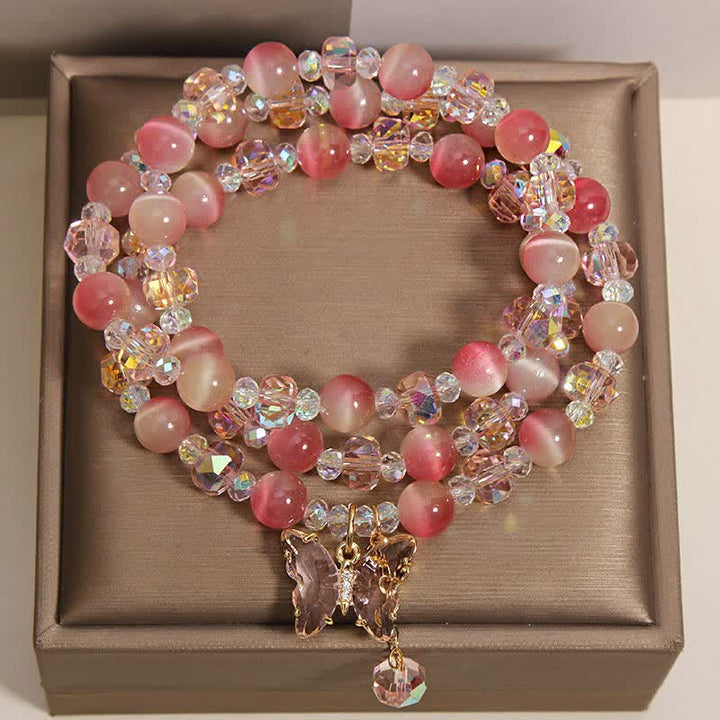 Buddha Stones Bracciale a triplo giro sfaccettato con farfalla occhio di gatto color pesca e motivo "Amore". - image 7