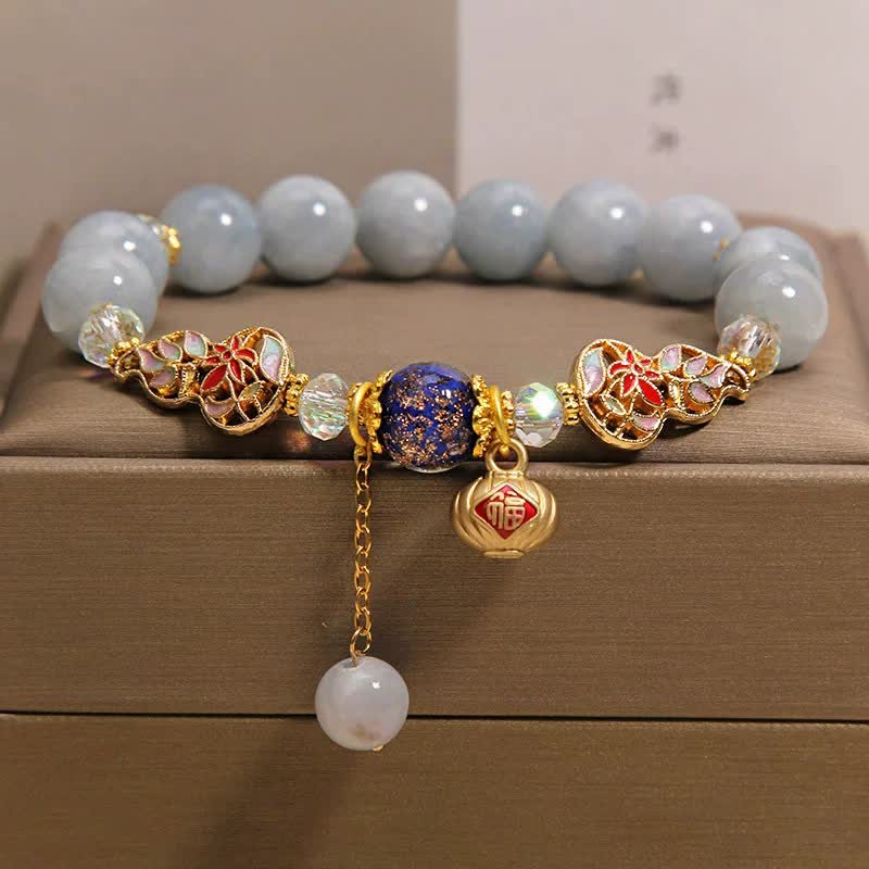 Buddha Stones Bracciale rotondo pendente con zucca cloisonné e carattere Fu acquamarina - Acquamarina (Coraggio ♥ Calmante) - image 0