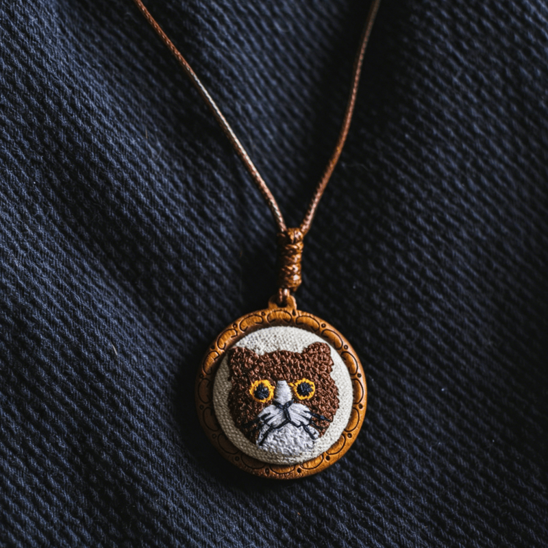 Buddha Stones Collana con ciondolo rotondo ricamato a forma di gatto portafortuna - image 9