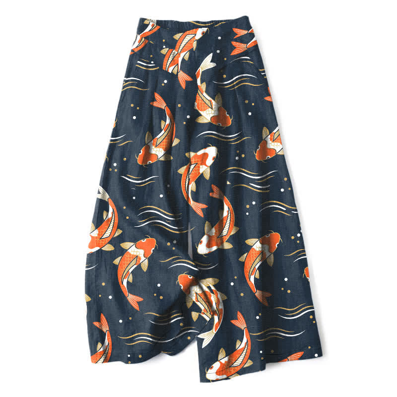 Buddha Stones Pantaloni da donna in cotone e lino con elastico in vita e gamba larga, fantasia con pesci koi e tasche. - Marina - US16, UK/AU20, EU48 (3XL) - image 0