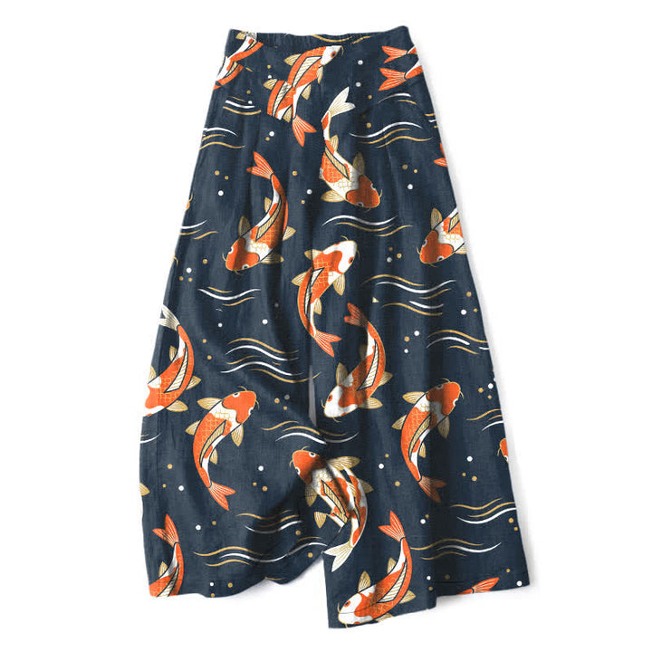 Buddha Stones Pantaloni da donna in cotone e lino con elastico in vita e gamba larga, fantasia con pesci koi e tasche. - Marina - US16, UK/AU20, EU48 (3XL) - image 0