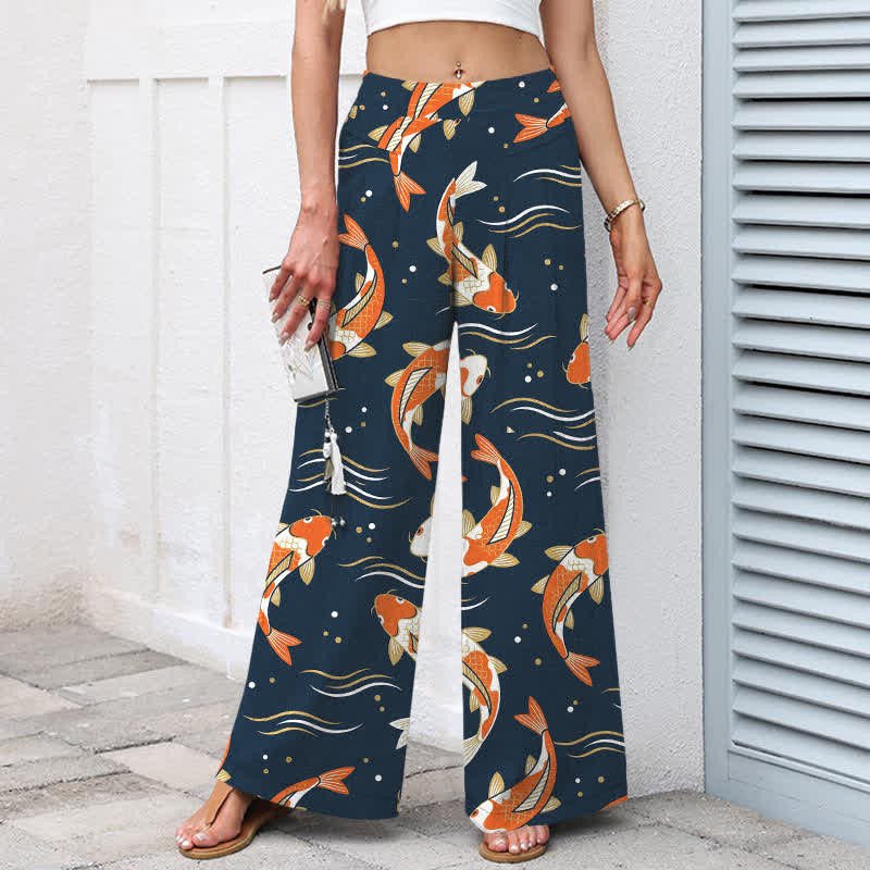 Buddha Stones Pantaloni da donna in cotone e lino con elastico in vita e gamba larga, fantasia con pesci koi e tasche. - image 1