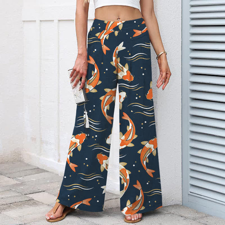 Buddha Stones Pantaloni da donna in cotone e lino con elastico in vita e gamba larga, fantasia con pesci koi e tasche. - image 1
