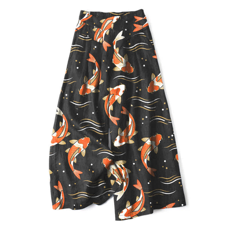 Buddha Stones Pantaloni da donna in cotone e lino con elastico in vita e gamba larga, fantasia con pesci koi e tasche. - Nero - US16, UK/AU20, EU48 (3XL) - image 5