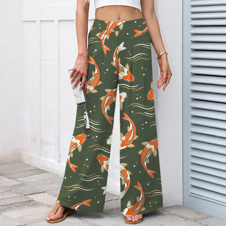 Buddha Stones Pantaloni da donna in cotone e lino con elastico in vita e gamba larga, fantasia con pesci koi e tasche. - image 8