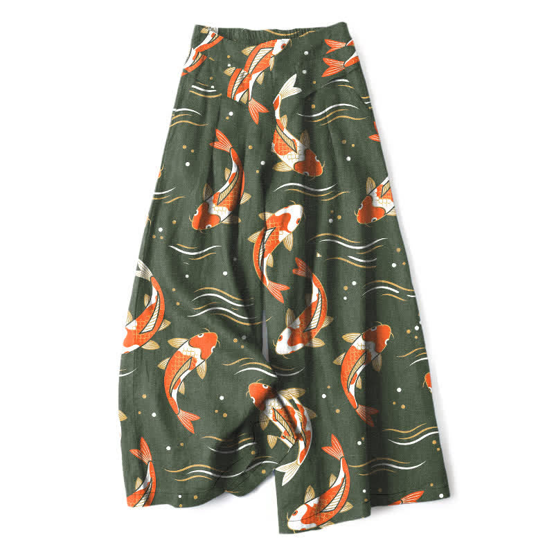 Buddha Stones Pantaloni da donna in cotone e lino con elastico in vita e gamba larga, fantasia con pesci koi e tasche. - Verde oliva scuro - US16, UK/AU20, EU48 (3XL) - image 7