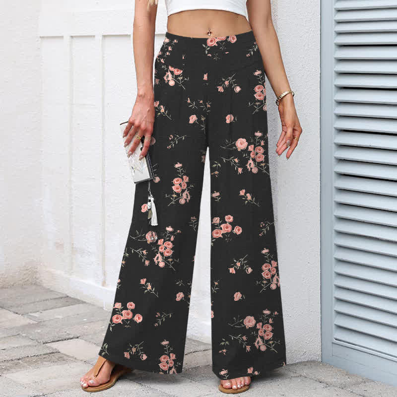 Buddha Stones Pantaloni da donna a gamba larga con elastico in vita e tasche, in cotone e lino, con fantasia a rose vintage. - image 1