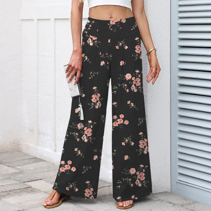 Buddha Stones Pantaloni da donna a gamba larga con elastico in vita e tasche, in cotone e lino, con fantasia a rose vintage. - image 1