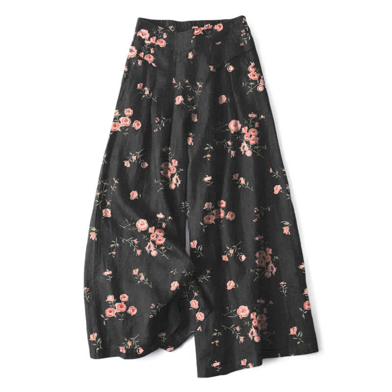 Buddha Stones Pantaloni da donna a gamba larga con elastico in vita e tasche, in cotone e lino, con fantasia a rose vintage. - Nero - US16, UK/AU20, EU48 (3XL) - image 0